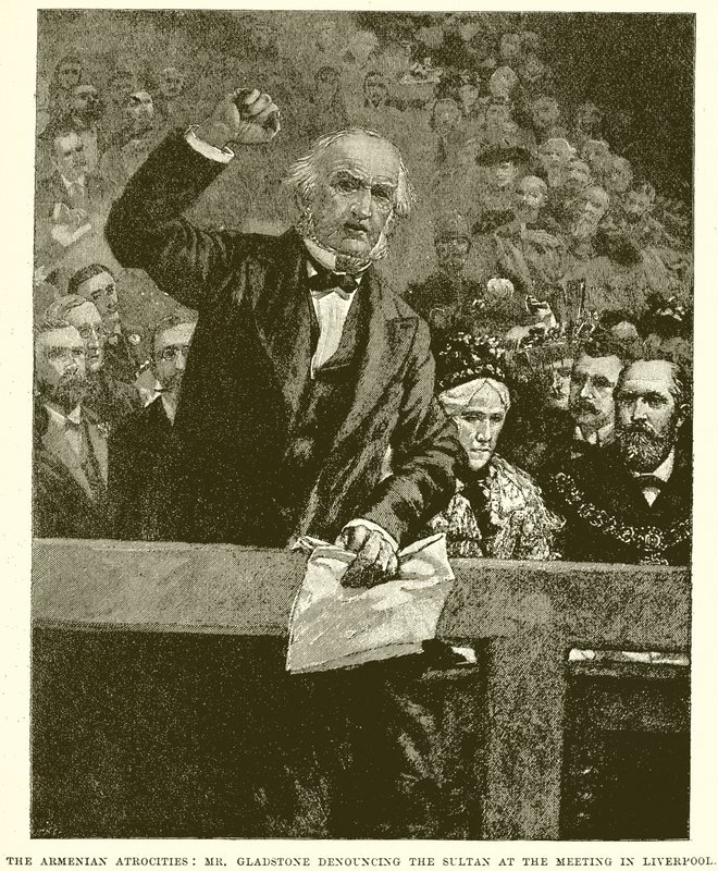 De armenske grusomhetene: Mr. Gladstone fordømmer sultanen på møtet i Liverpool av English School
