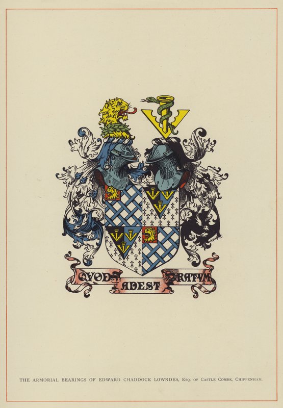 Våpenbeholdningene til Edward Chaddock Lowndes, Esquire av Castle Combe, Chippenham (fargelitografi) av English School