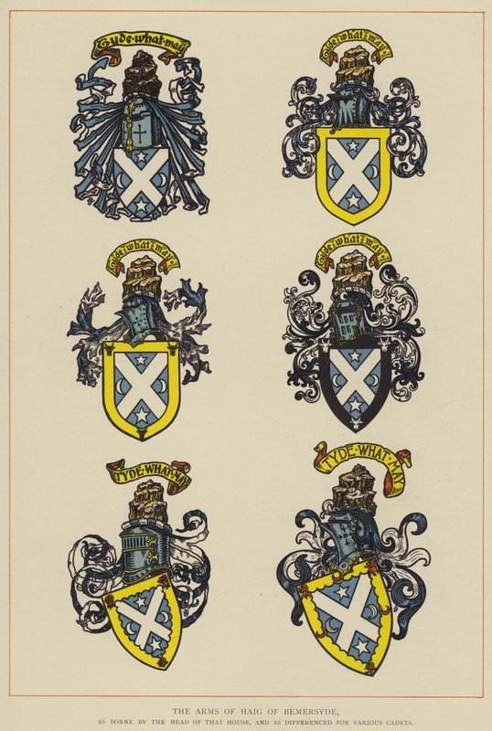 The Arms of Haig of Bemersyde, som båret av lederen av det huset, og som forskjellig for forskjellige kadetter (farge litho) av English School
