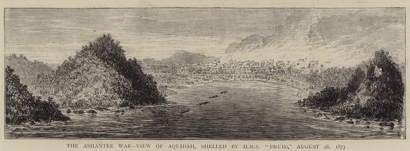Ashantee-krigen, utsikt over Aquidah, avskallet av HMS "Druid", 28. august 1873 (gravering) av English School