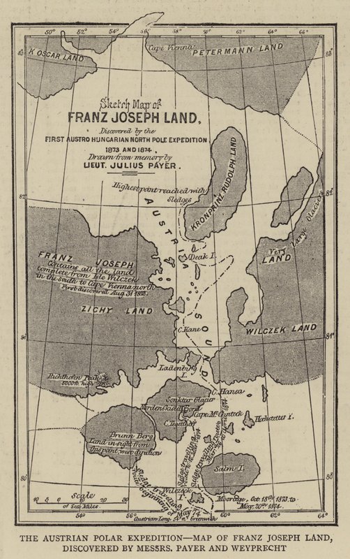 Den østerrikske polarekspedisjonen, kart over Franz Joseph Land, oppdaget av Messers Payer og Weyprecht (gravering) av English School