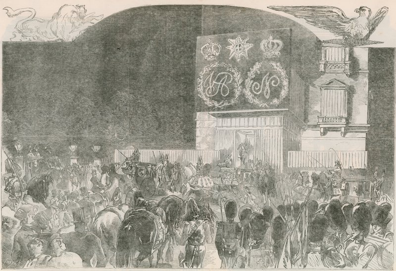 Bal-kostymet ved den franske ambassaden, Albert Gate House - Ankomst av Hennes Majestet av English School