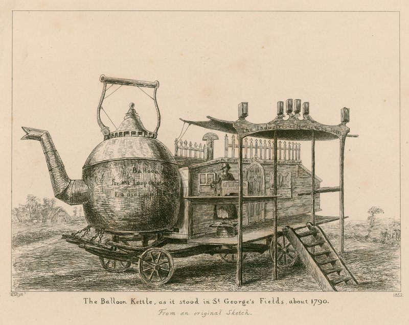 The Balloon Kettle, slik den sto i St Georges Fields, London, rundt 1790 av English School