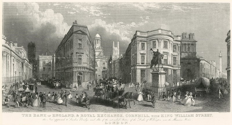 Bank of England, og Royal Exchange, Cornhill, med King William Street av English School