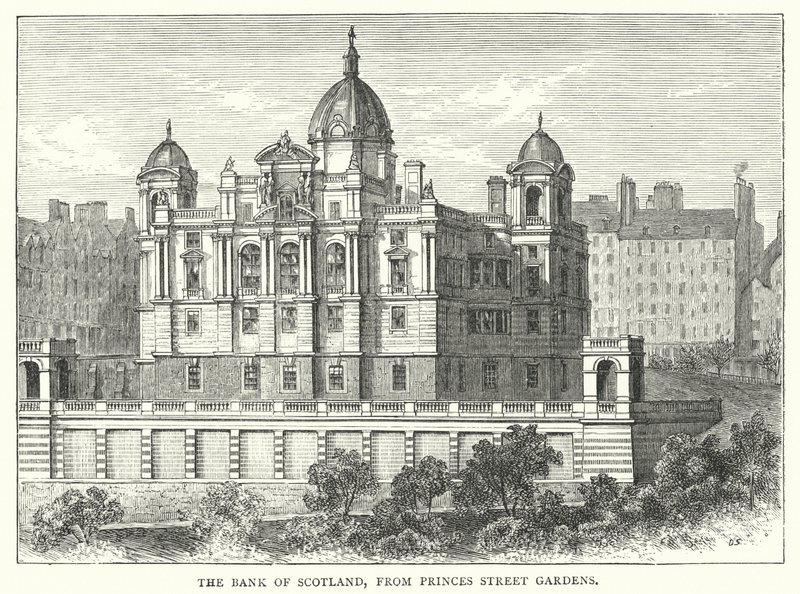 Bank of Scotland, fra Princes Street Gardens (gravering) av English School