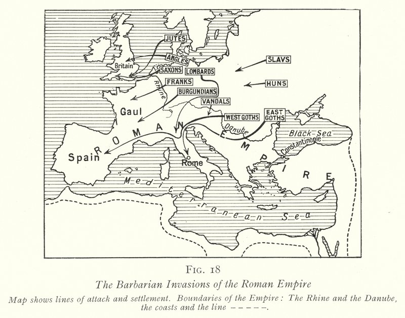 De barbariske invasjonene av Romerriket (litho) av English School