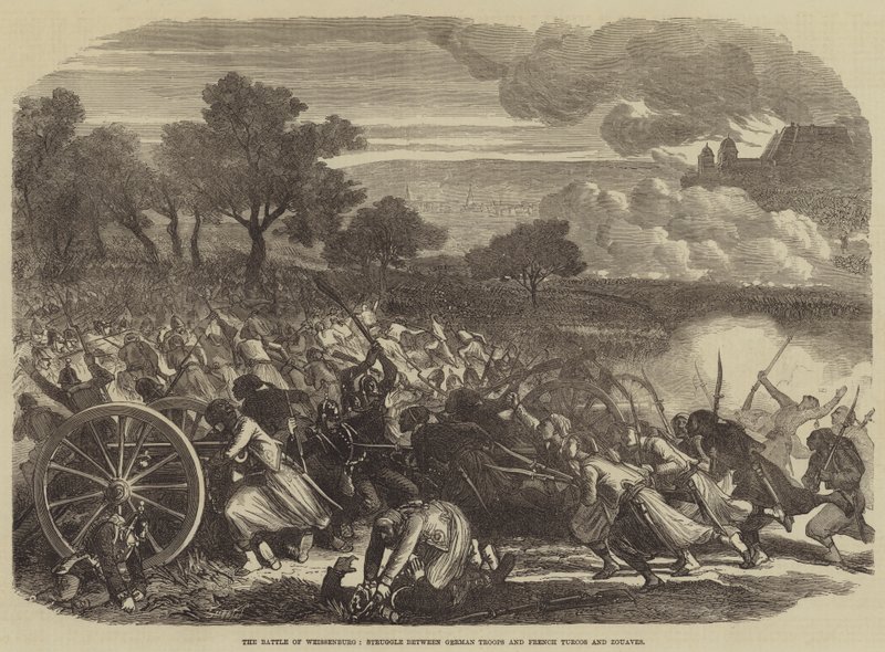 Slaget ved Weissenburg, kamp mellom tyske tropper og franske Turcos og Zouaves (gravering) av English School