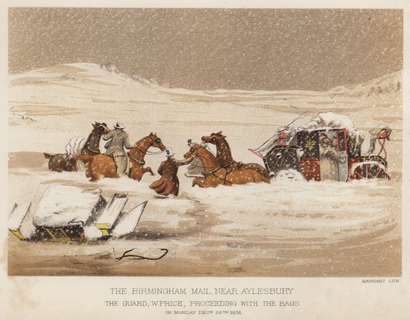 Birmingham-posten, nær Aylesbury, vaktmester W Price, fortsetter med posene (farge litho) av English School