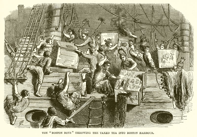 Boston Boys kaster Taxed Tea inn i Boston Harbor av English School