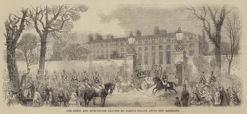 Bruden og brudgommen forlater St James's Palace etter ekteskapet (gravering) av English School