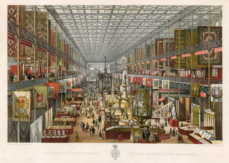 Det britiske departementet, sett mot transeptet, Great Exhibition, 1851 av English School