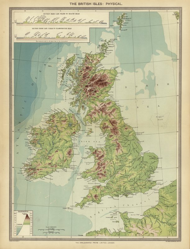 De britiske øyer, fysisk (farge litho) av English School