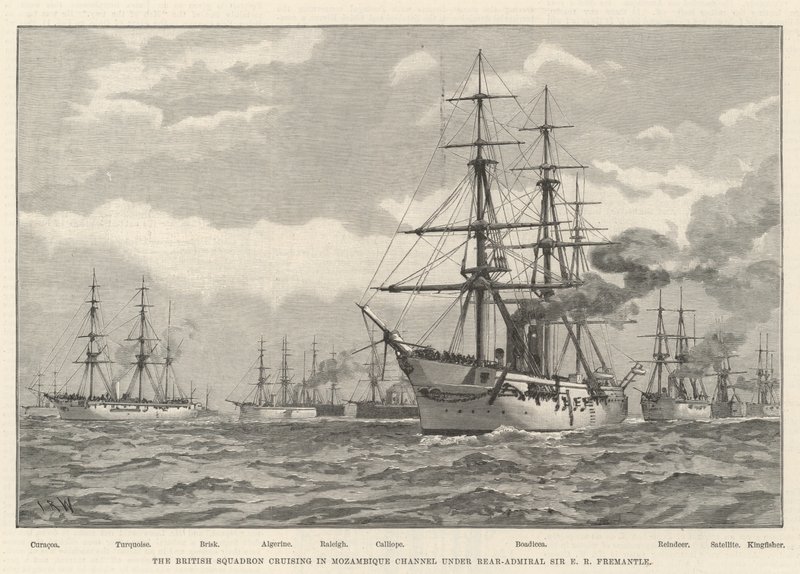 Den britiske skvadronen cruiser i Mosambik-kanalen under kontreadmiral Sir ER Fremantle (gravering) av English School