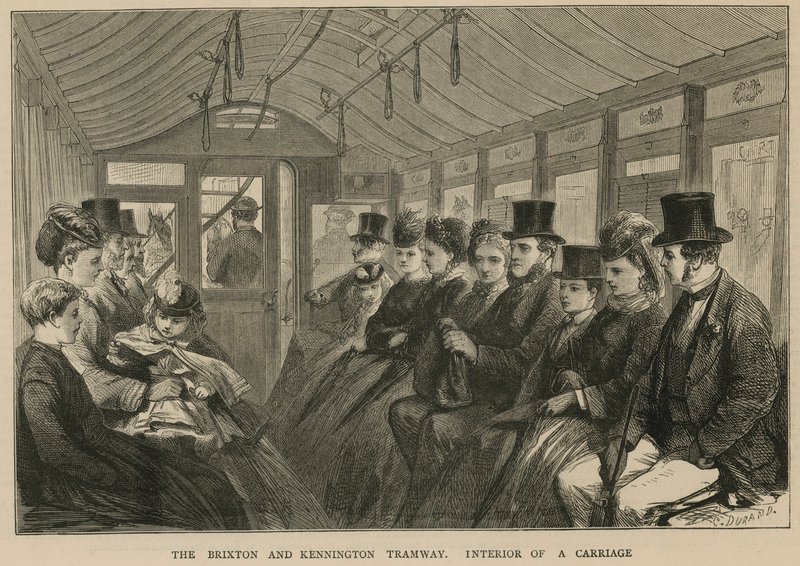 Brixton og Kennington Tramway - interiøret i en vogn av English School