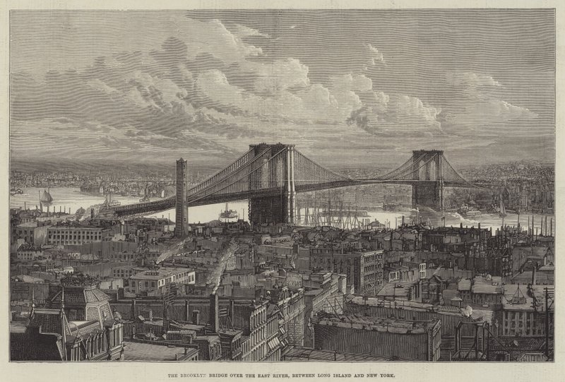 Brooklyn Bridge over East River, mellom Long Island og New York (gravering) av English School