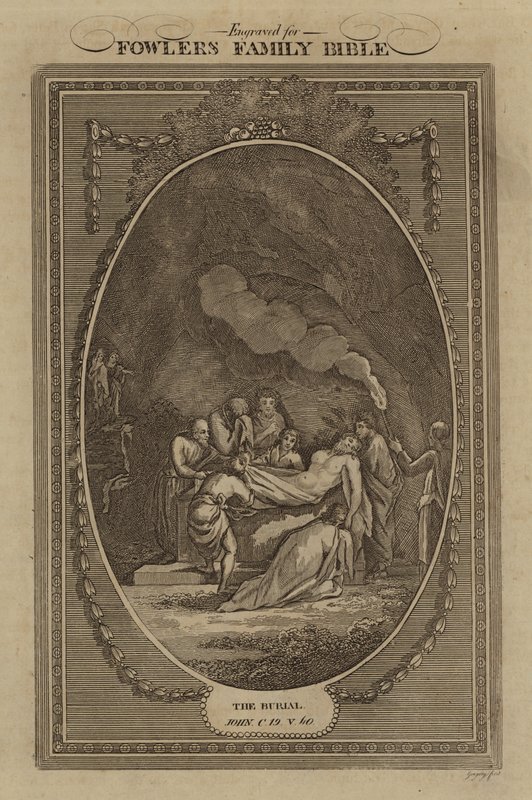 Begravelsen, Johannes, kapittel 19, vers 40 (gravering) av English School