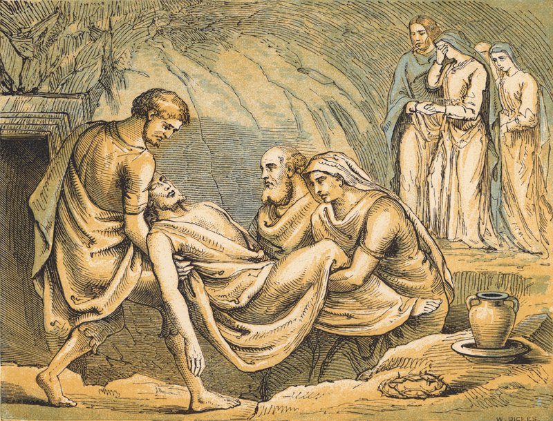 Jesu begravelse (farget gravering) av English School