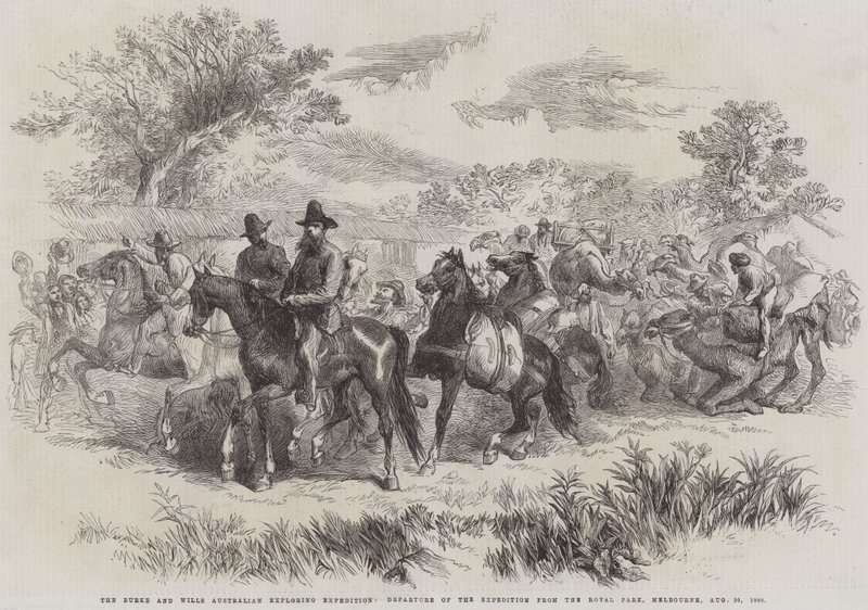 Burke and Wills Australian Exploring Expedition, ekspedisjonens avgang fra Royal Park, Melbourne, 20. august 1860 (gravering) av English School
