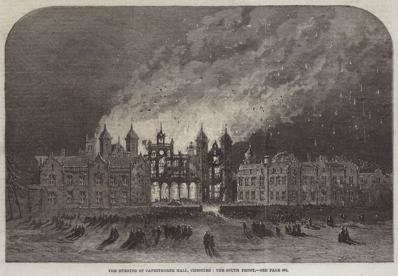 Brenningen av Capesthorne Hall, Cheshire, sørfronten (gravering) av English School