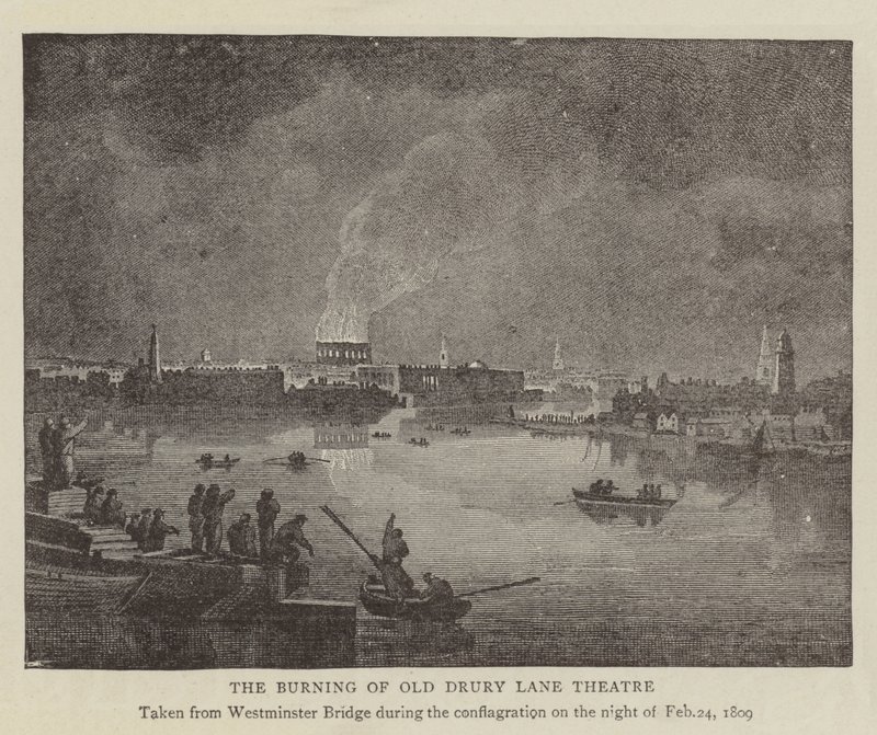 The Burning of Old Drury Lane Theatre (gravering) av English School