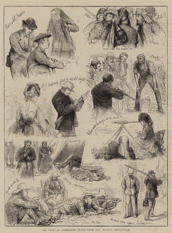 Leiren i Wimbledon, blader fra kunstnerens skissebok (gravering) av English School