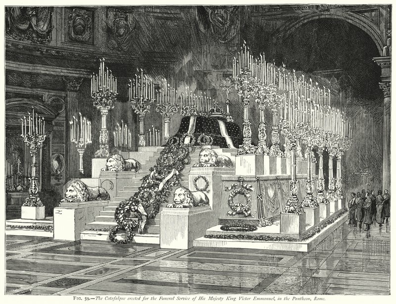 Katafalken reist for begravelsestjenesten til Hans Majestet Kong Victor Emmanuel, i Pantheon, Roma (gravering) av English School