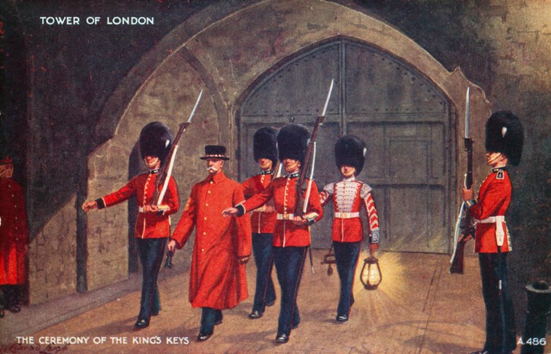 Seremonien med kongens nøkler, Tower of London (fargelitografi) av English School