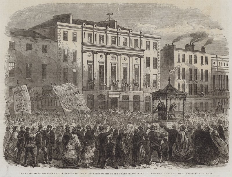 Ledelsen av Sir John Arnott i Cork etter fullføringen av hans tre års borgermesterskap, prosesjonen som passerte kommersielle bygninger (gravering) av English School