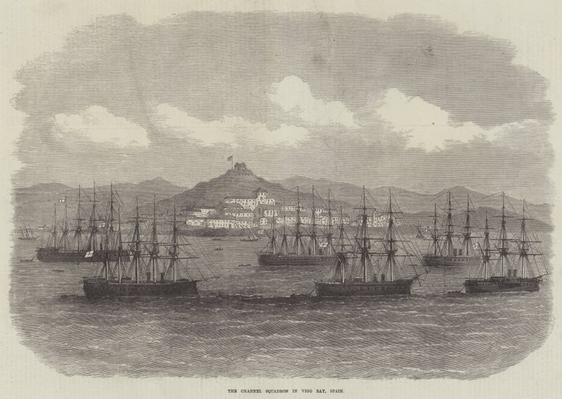 Kanalskvadronen i Vigo Bay, Spania (gravering) av English School
