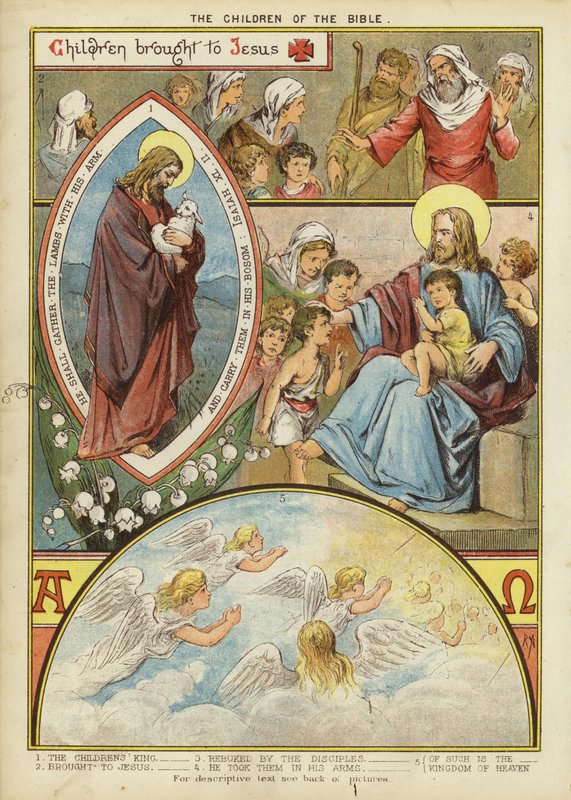 Bibelens barn: Barn brakt til Jesus (chromolitho) av English School