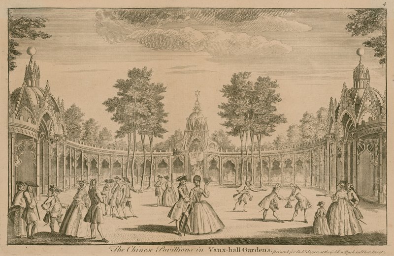 De kinesiske paviljongene i Vauxhall Gardens, London av English School