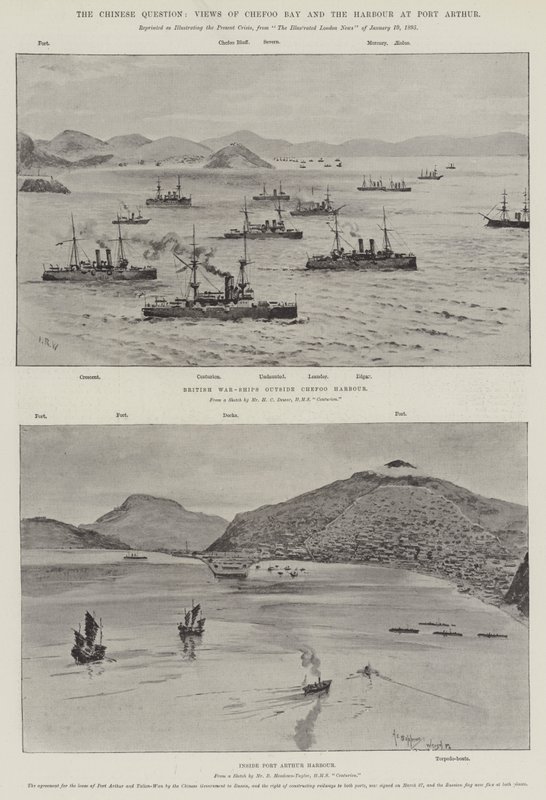 Det kinesiske spørsmålet, utsikt over Chefoo Bay og havnen i Port Arthur (litho) av English School