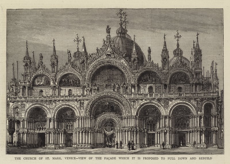 Markuskirken, Venezia, utsikt over fasaden som det er foreslått å rive ned og gjenoppbygge (gravering) av English School