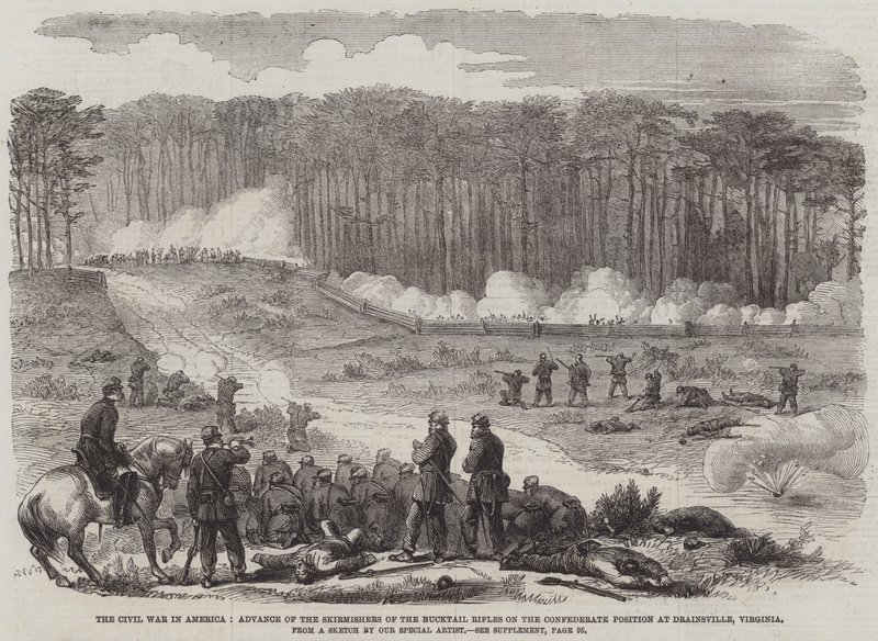 Borgerkrigen i Amerika, Advance of the Skirmishers of the Bucktail Rifles på den konfødererte posisjonen i Drainsville, Virginia (gravering) av English School