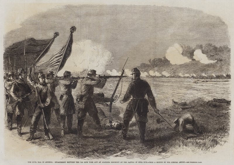 Borgerkrigen i Amerika, forlovelse mellom det 71. New York og et Alabama-regiment i slaget ved Bull Run (gravering) av English School