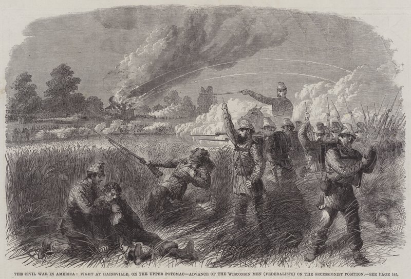 Borgerkrigen i Amerika, kamp ved Hainsville, på Upper Potomac, Advance of the Wisconsin Men (federalists) on the Secessionist Position (gravering) av English School