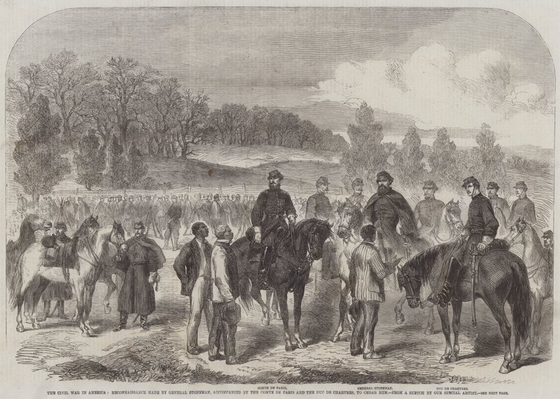 Borgerkrigen i Amerika, rekognosering laget av general Stoneman, akkompagnert av Comte de Paris og Duc de Chartres, til Cedar Run (gravering) av English School