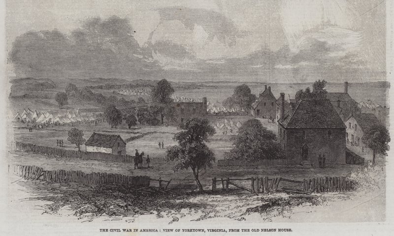 Borgerkrigen i Amerika, utsikt over Yorktown, Virginia, fra Old Nelson House (gravering) av English School