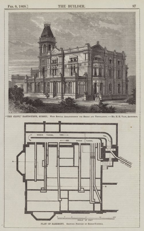 "The Cliff," Eastbourne, Sussex, med spesielle arrangementer for røyk og ventilasjon, Mr H H Vale, arkitekt (gravering) av English School