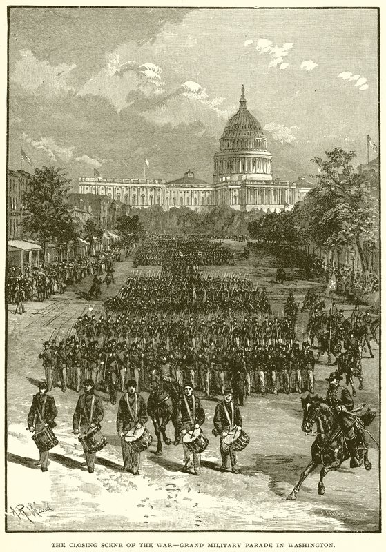 Avslutningsscenen for krigen - Grand Military Parade i Washington av English School
