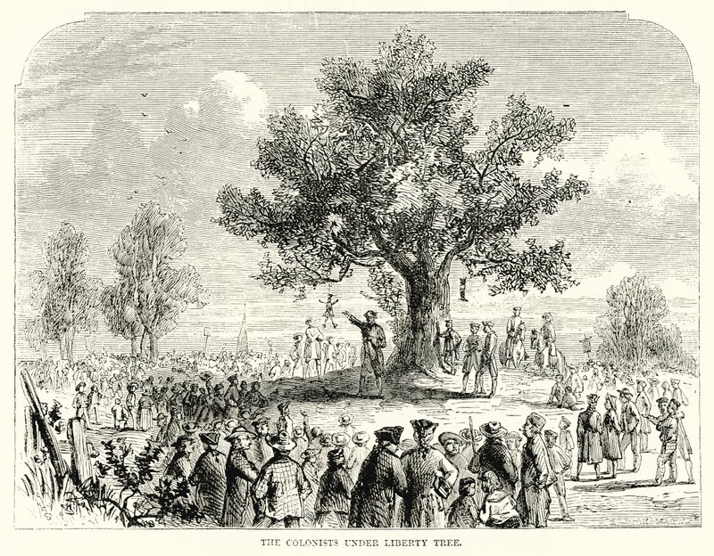 Kolonistene under Liberty Tree (gravering) av English School
