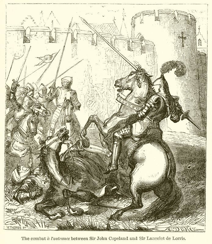 Combat & Foutrance mellom Sir John Copeland og Sir Lancelot de Lorris av English School