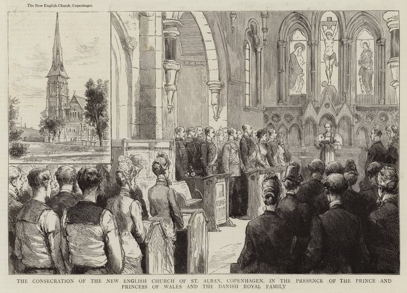 Innvielsen av den nye engelske kirken St Alban, København, i nærvær av prinsen og prinsessen av Wales og den danske kongefamilien (gravering) av English School