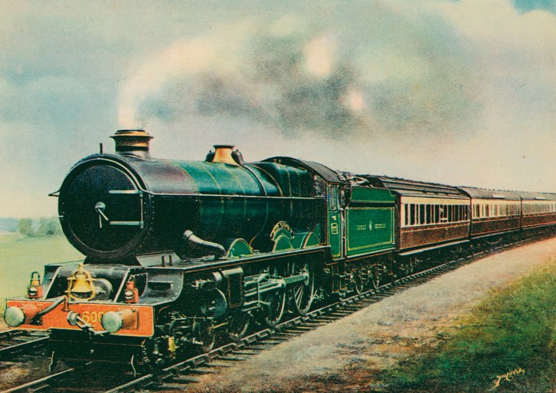 "Cornish Riviera Express," trukket av "King George V," Great Western Railway (farge litho) av English School