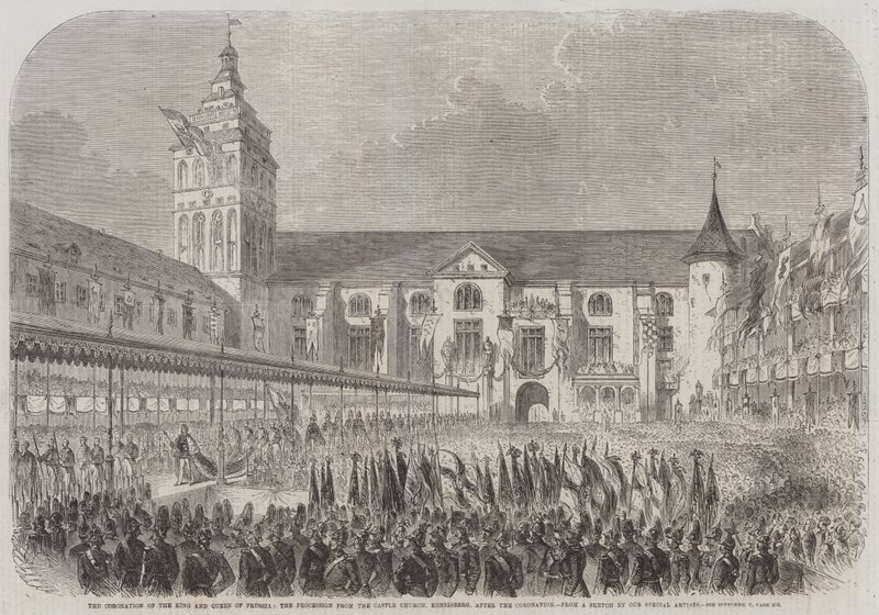 Kroningen av kongen og dronningen av Preussen, prosesjonen fra slottskirken, Königsberg, etter kroningen (gravering) av English School