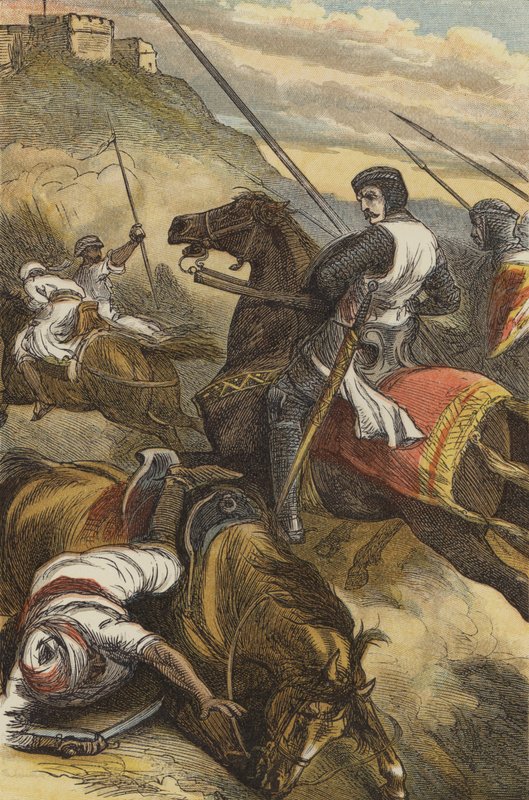 Greven de Joinville som frastøter saracenerne, ved Mansourah (farget gravering) av English School