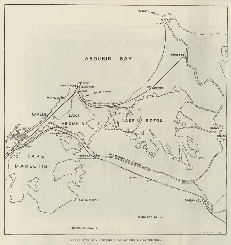 Landet fra Alexandria og Aboukir Bay til Nilen (gravering) av English School