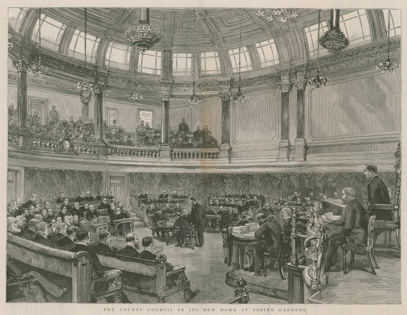 Fylkeskommunen i sitt nye hjem i Spring Gardens, London av English School