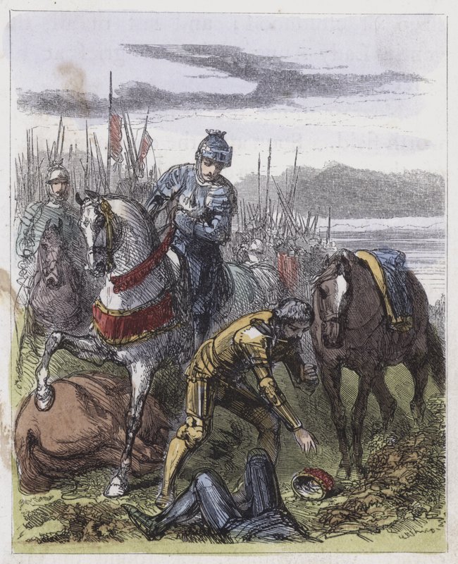 Kronen til Richard III, funnet på Bosworth Field (farget gravering) av English School