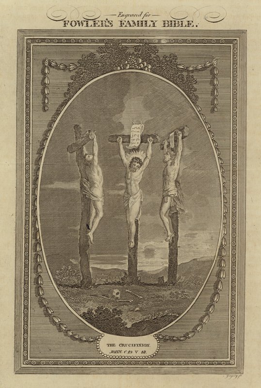 Korsfestelsen, Johannes, kapittel 19, vers 18 (gravering) av English School